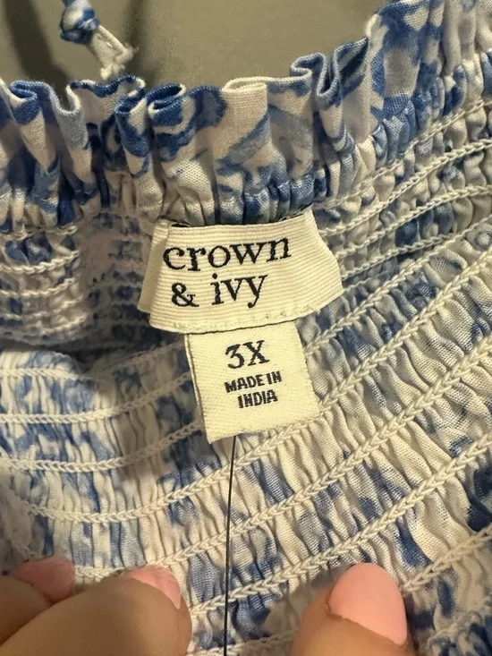 NWT Crown & Ivy Square Neck Blue and White Floral Tie Back Midi Dress Size 3X - Picture 3 of 5